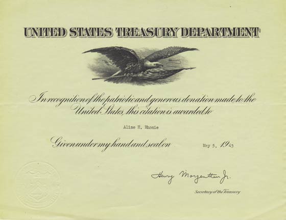 Donation to the U.S. Treasury, May 5, 1943 (Source: Roberts)